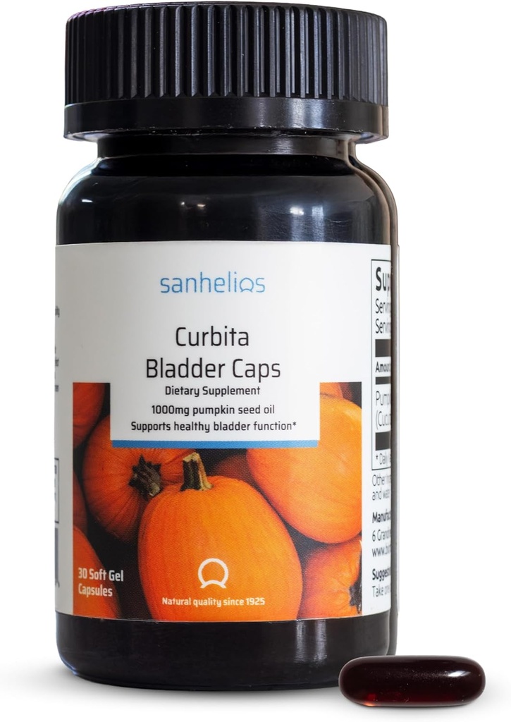 Sanhelios Curbita Vejiga Caps Pumpkin Seed Oil 1000mg - Función sana de la vejiga Suplemento de apoyo para hombres y mujeres - No GMO, sin azúcar, libre de conservación, sin gluten - 30 cápsulas - 1 paquete