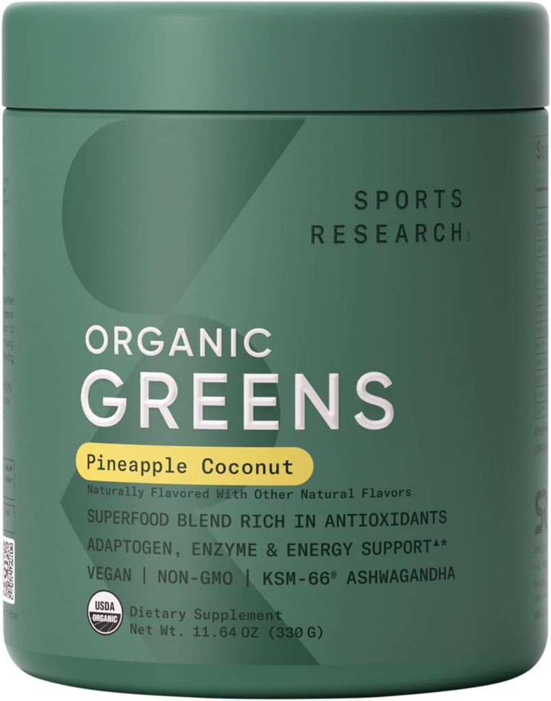 Sports Research® Organic Greens Superfood Powder w/Spirulina, Clorella, Adaptogens, Enzymes, Probiotics " 8 VIT Bs for Gut " Mood Support* - Vegan, Sugar-Free " Low-Cal Pineapple Coconut 30 Servings