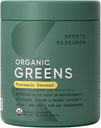 Sports Research® Organic Greens Superfood Powder w/Spirulina, Clorella, Adaptogens, Enzymes, Probiotics " 8 VIT Bs for Gut " Mood Support* - Vegan, Sugar-Free " Low-Cal Pineapple Coconut 30 Servings
