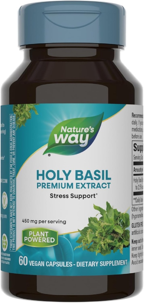 Manera de la naturaleza Extracto Premium Basil, Apoyo al Estrés*, Herb Adaptogénico*, 450 mg por Servo, 60 cápsulas Vegan (Paquete Mayo Vary)