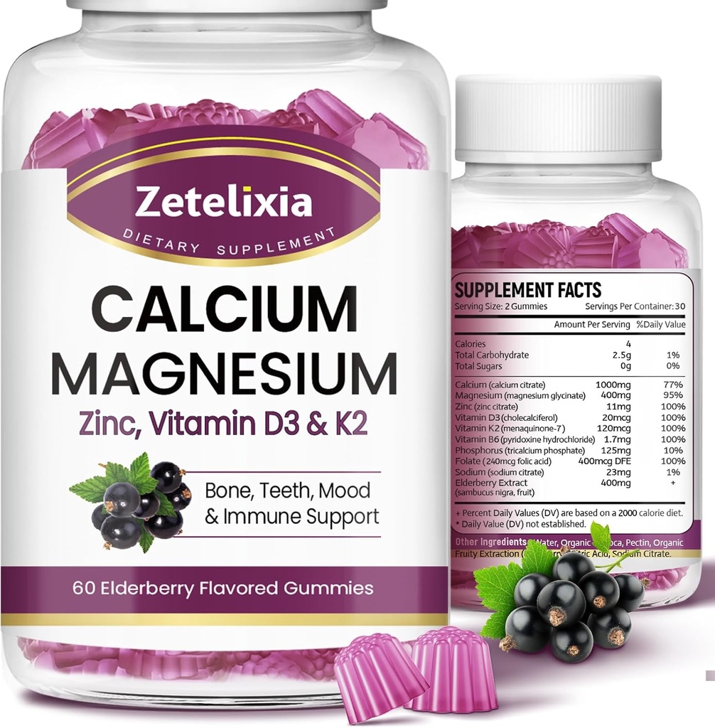 Calcio Gummies con D3, Suplemento de magnesio de calcio con Glycinate,Potasio,Vitamin D3 &amp; K2, &amp; Whole Natural Food for Bone &amp; Immune Support- 120 Chewable Gummy Elderberry Flavor