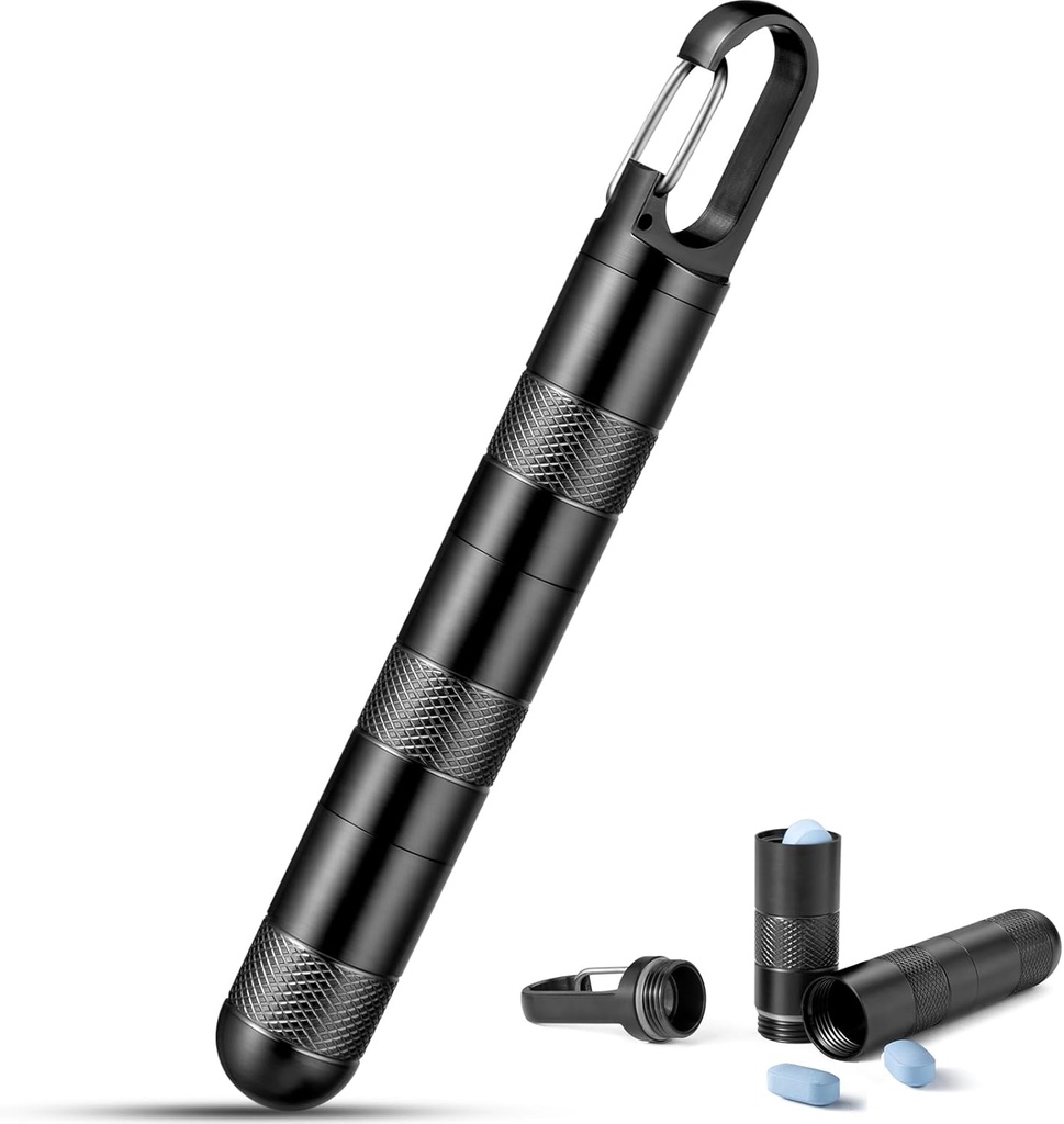 Micro Pill Holder Keychain Titanium Pill Case for Purse Small Pill Container Travel Black Pill Box Medicine Bottle Organizer for Vitamin Fish Oil Supplement (Black+2 Unclosed Extension Tube)