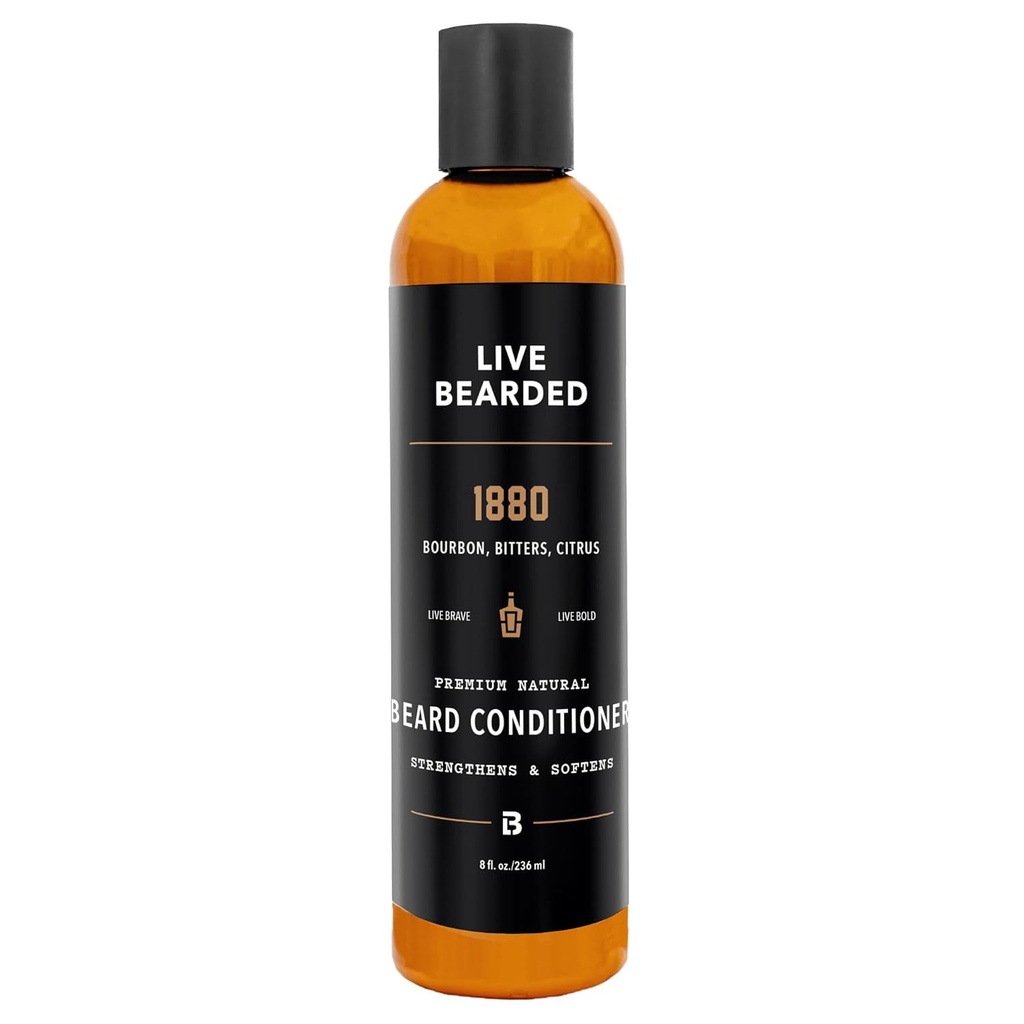 Acondicionador de barba en vivo, 8 fl oz - Fortalece y suaviza el pelo facial - Hecho en los EE.UU. - Ingredientes totalmente naturales con biotina, cafeína  durable 1880 Scent - Bourbon, Bitters, Citrus