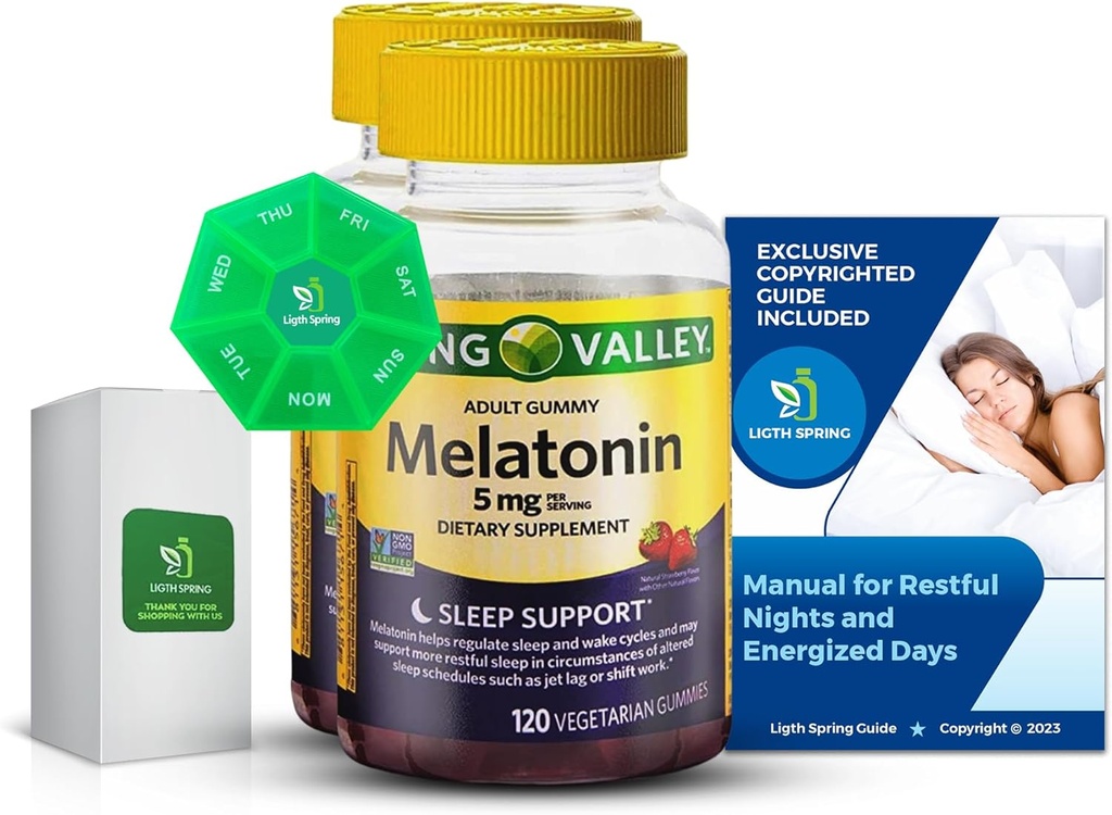 Melatonin 5Mg, 120 Gummies, Sleep Support (2 Pack) con Bundle Exclusive Better Ligth angularSpring Guide