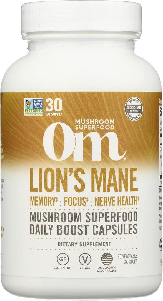 Om Mushroom Superfood Lion's Mane Mushroom Capsules Suplemento, Fruit Body &amp; Mycelium Nootropic for Memory Support, Focus, Clarity, Nerve Health, Creativity &Mood, 90 cápsulas