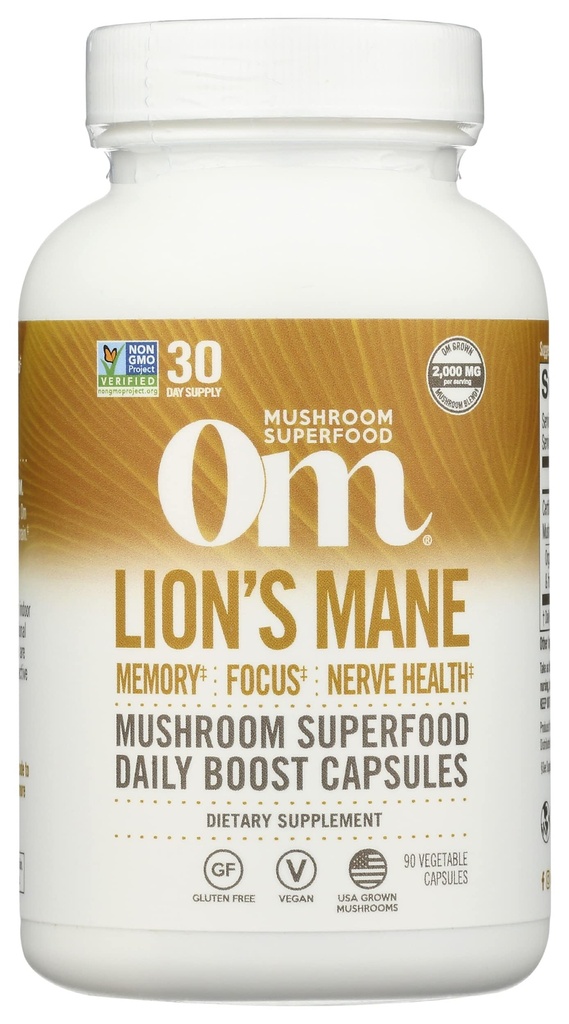 Om Mushroom Superfood Lion's Mane Mushroom Capsules Suplemento, Fruit Body &amp; Mycelium Nootropic for Memory Support, Focus, Clarity, Nerve Health, Creativity &Mood, 90 cápsulas