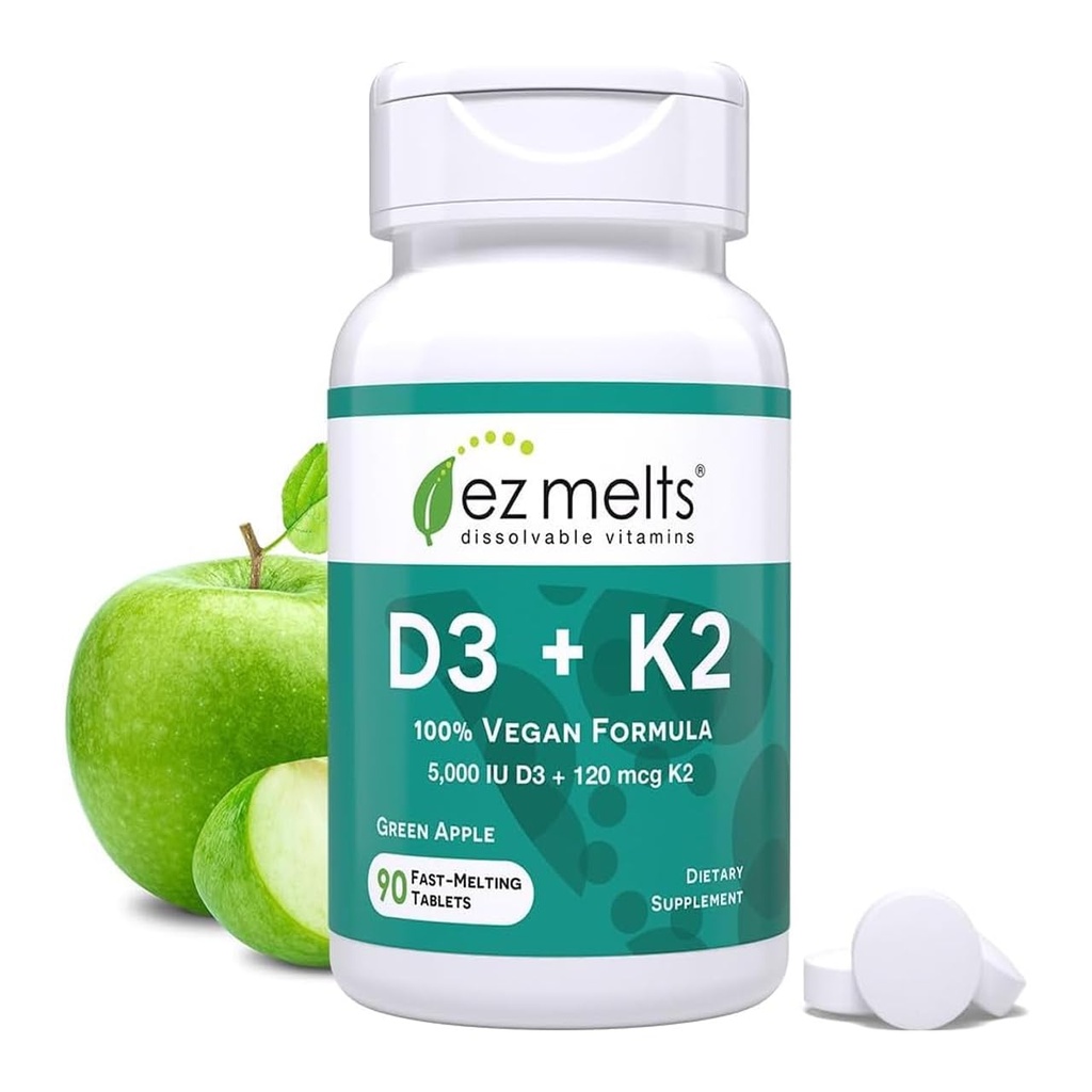 EZ Melts Dissolvable Vegan Vitamin D3 + K2 5,000 IU - Bone & Heart Health Support - Immune Function Support - No Artificial Flavors - Non-GMO - Green Apple - 90 Dissolvable Tablets (90 Servings)