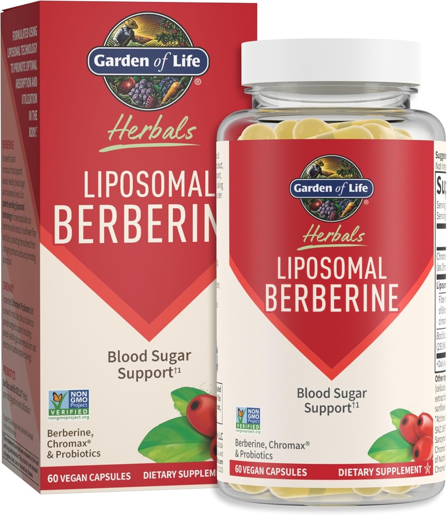 Garden of Life Liposomal Berberine and Chromium Picolinate for Already Healthy Blood Sugar, Glucose Metabolism and Cholesterol—Probiotics for Easy Digestion—Non GMO, Gluten Free, Kosher, 30 Servings