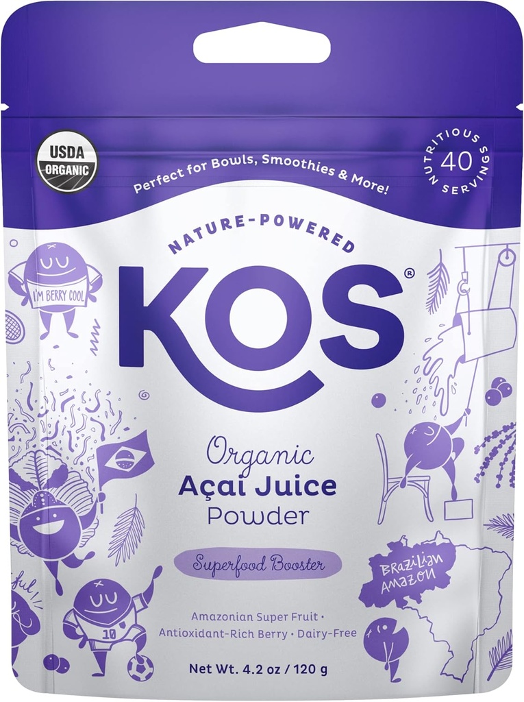 KOS USDA Organic Acai Powder, Unsweetened Superfood - Natural Antioxidant, Acai Berry for Smoothies and Bowls - Polyphenol Abundant, Gluten-Free, Non-GMO, Climate Friendly resealable Bag, 40 Servings