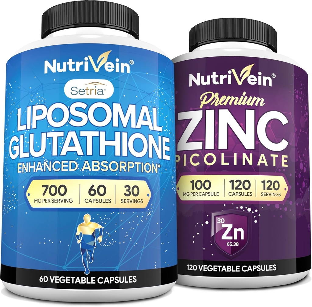 Nutrivein Premium Zinc Picolinate & Liposomal Glutathione Supplement Bundle: High-Absorption Glutathione Liposomal Supplement & Zinc Supplements for Men ' Women - Immunity, Digestion, Detox, " Repair