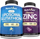 Nutrivein Premium Zinc Picolinate & Liposomal Glutathione Supplement Bundle: High-Absorption Glutathione Liposomal Supplement & Zinc Supplements for Men ' Women - Immunity, Digestion, Detox, " Repair