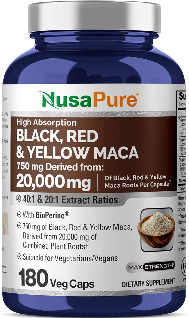 NusaPure Maca Root Negro, Rojo, Amarillo 20,000mg - 180 cápsulas Vegan (Vegan, No-GMO, Gluten Gratis) Bioperina