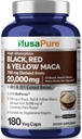 NusaPure Maca Root Negro, Rojo, Amarillo 20,000mg - 180 cápsulas Vegan (Vegan, No-GMO, Gluten Gratis) Bioperina