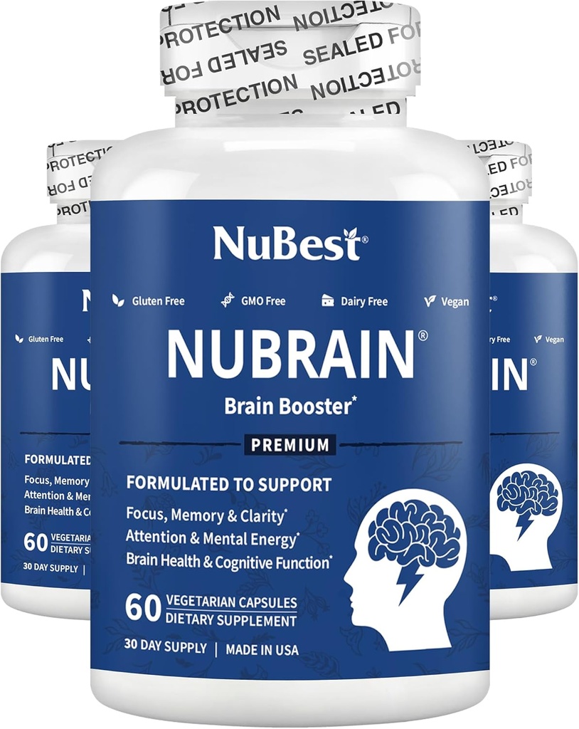 NuBrain - Advanced Brain Booster - Mejorar la memoria, Focus " Clarity with Vitamin B6, Ginkgo Biloba, Bacopa Monnieri " Más - Suplemento cerebral para hombres " Mujeres - 3 Pack TEN 3 Meses Supply