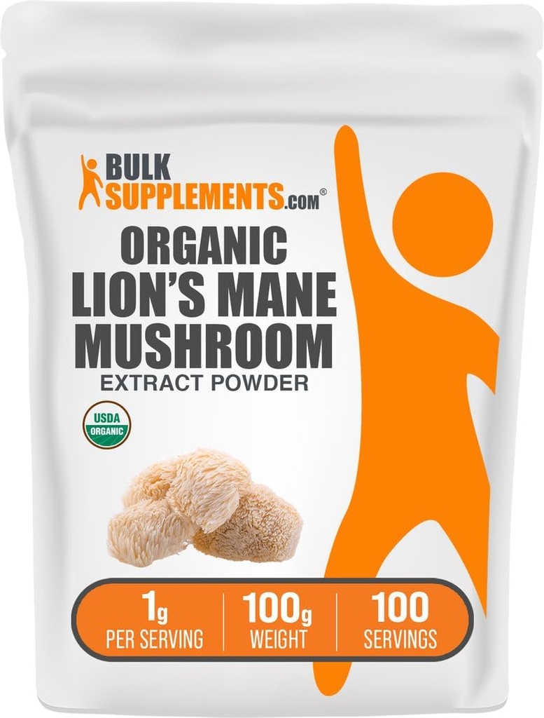 BulkSupplements.com Extract Powder de Mushroom Mane de León Orgánico - Leones Mane Suplemento Polvo, Superfood for Well-Being - Vegan, 1g por Serving, 100g (3.5 oz) (Pack of 1)