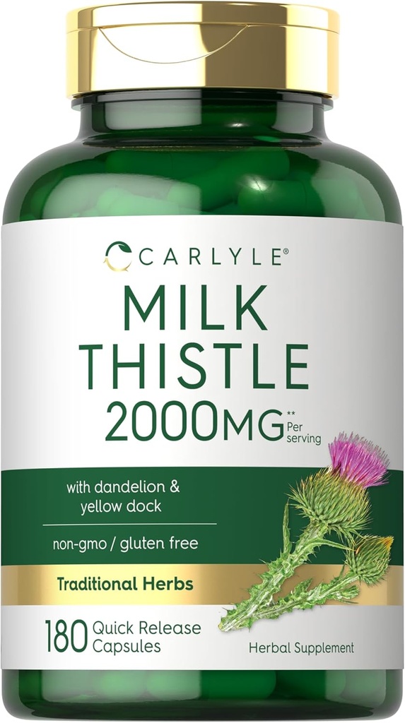 Carlyle Milk Thistle 2000mg ← 180 Capsules Silencio con Dandelion &amp; Yellow Dock ← Non-GMO, Gluten Free