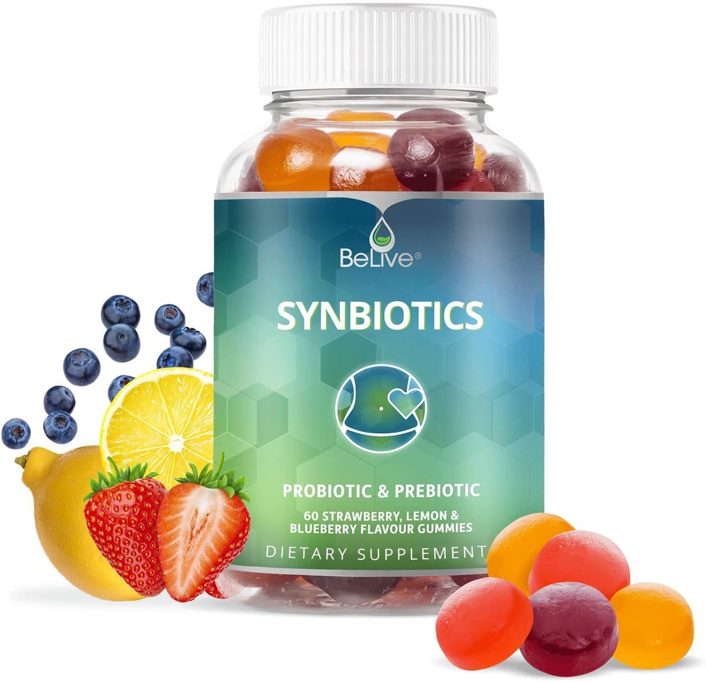 Sinbióticos BeLive - Gummies de fibra prebiótica y probiótica – Inulina de alta resistencia (3g), Suplemento de fibra dietética, Apoyo Digestivo para Adultos Infantiles - Fresa, Lemon, Blueberry Flavor (60Ct)