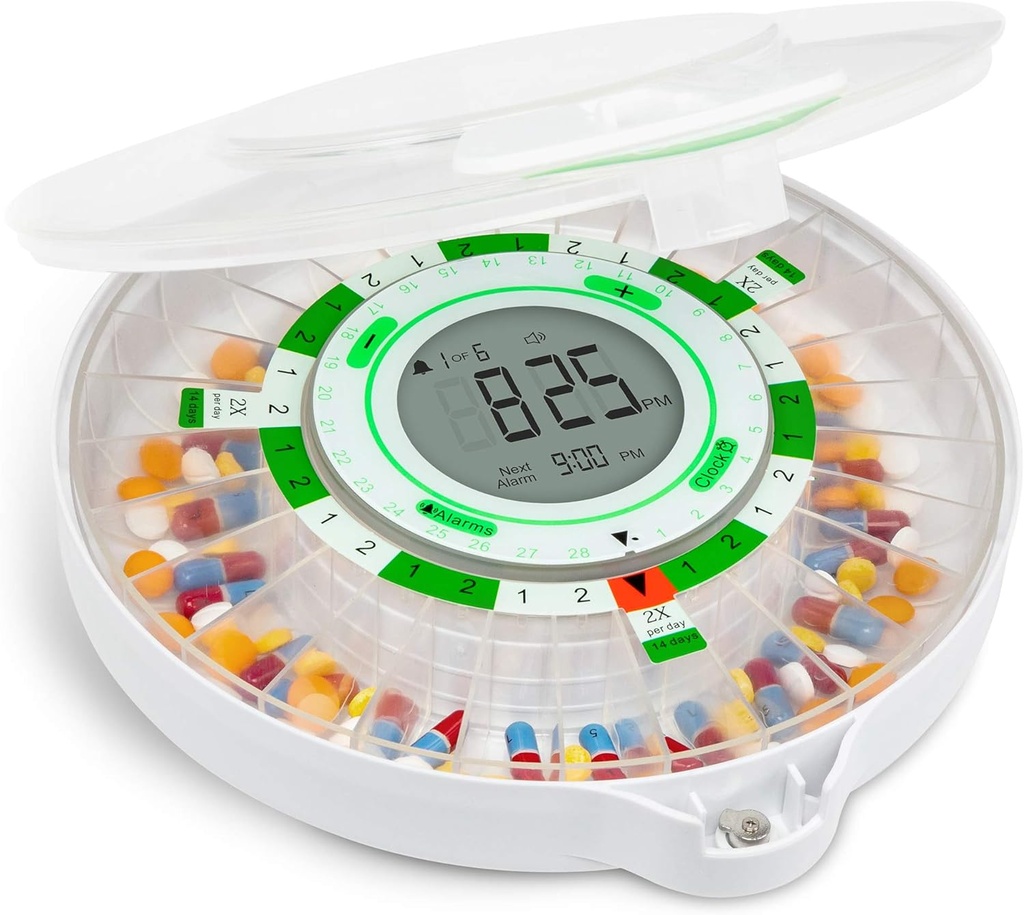 Dispensador automático de píldoras en vivo de 28 días con pantalla LCD actualizada, bloqueo clave, sonido " luz para las recetas, medicamentos, vitaminas, suplementos "