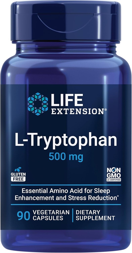 La extensión de vida L-Tryptophan, 500 mg, fomenta niveles de serotonina saludables y promueve el sueño saludable, el humor, la respuesta al estrés " Satiety, Gluten-Free, Non-GMO, Vegetarian, 90 cápsulas