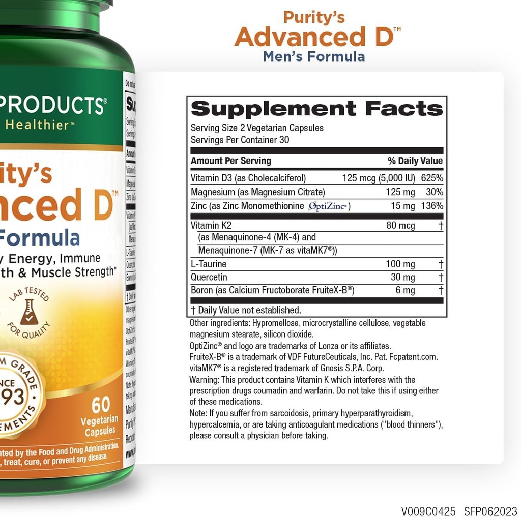 Productos de pureza La fórmula avanzada del Dr. Cannell de vitamina D masculina empacada con vitamina D, vitamina K2, zinc, citrato de magnesio, hierro y Taurina - 60 cápsulas vegetarianas