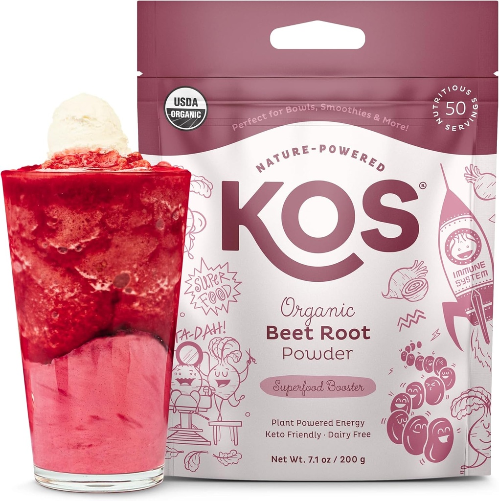 KOS Organic Beet Root Powder, USDA Certified - Superfood Plant Based Beetroot Ingredient for Stamina Increasing, Circulation - Non-GMO, Soy &amp; Gluten-Free, 50 Servings Bag