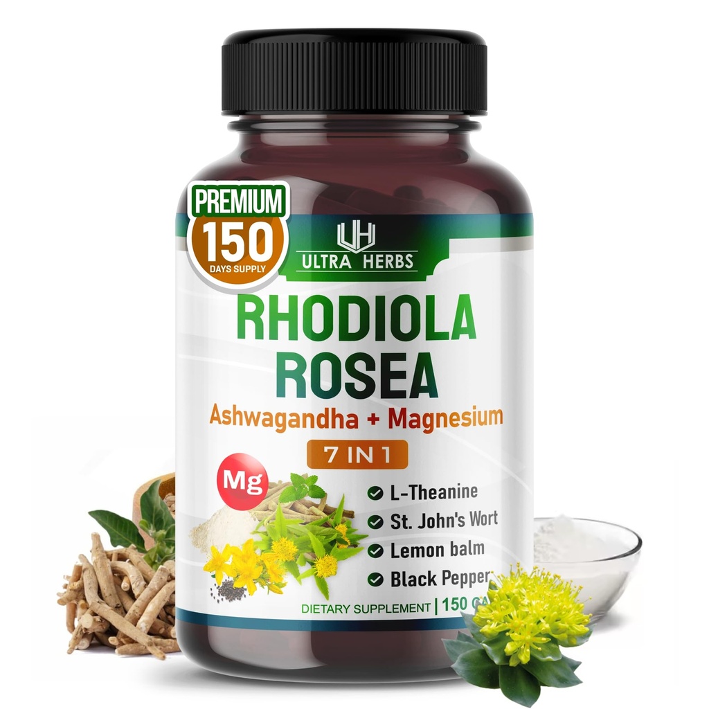 Rhodiola Rosea Supplement Enriched with Ashwagandha, Magnesium, L-Theanine, St. John's Wort, Lemon Balm - Support Mood, Sleeps Quality, and Mental Focus | 150 Capsules