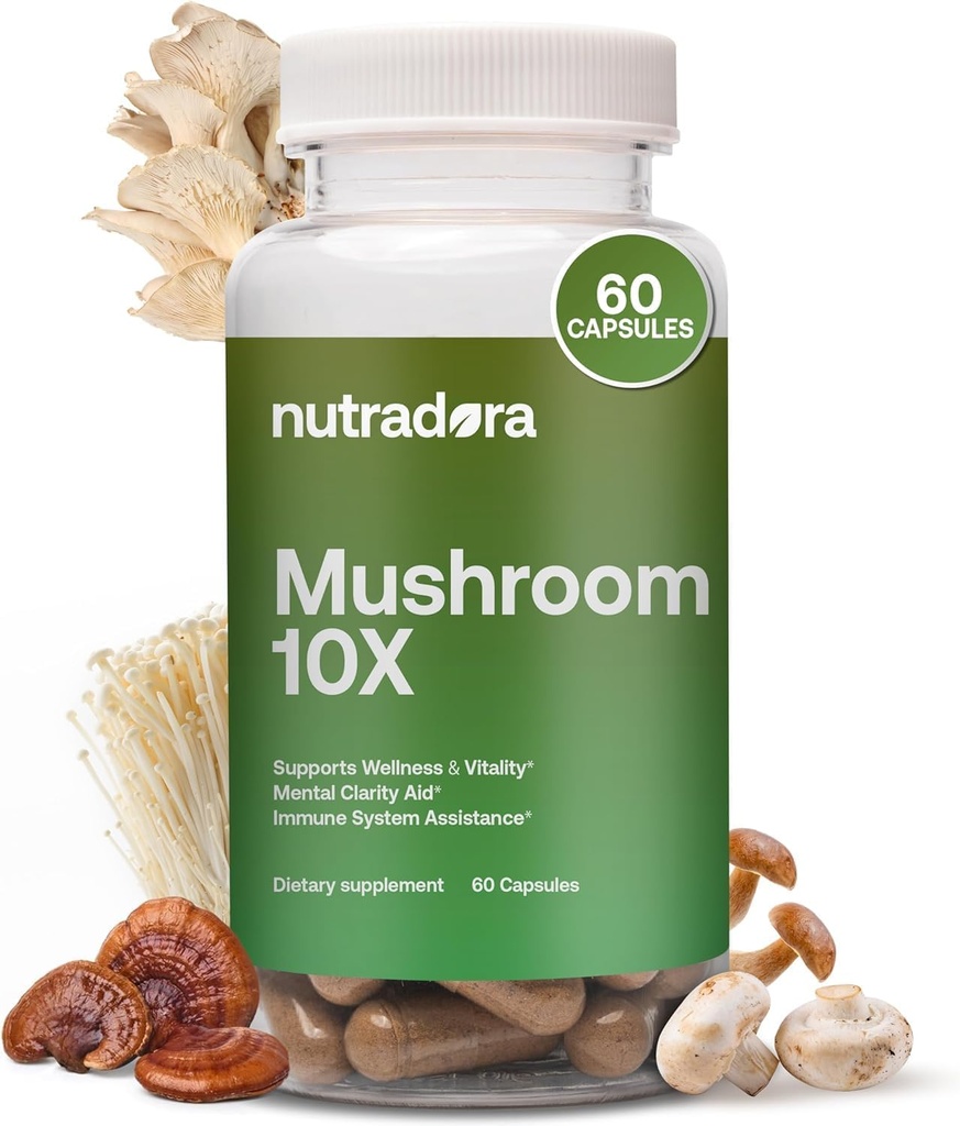 Mushroom Suplemento -10 Mushrooms Blend, Reishi, Lions Mane, Cordyceps, Chaga, Turquía Tail, Maitake, Shiitake, Chaga, Complejo Nootrópico