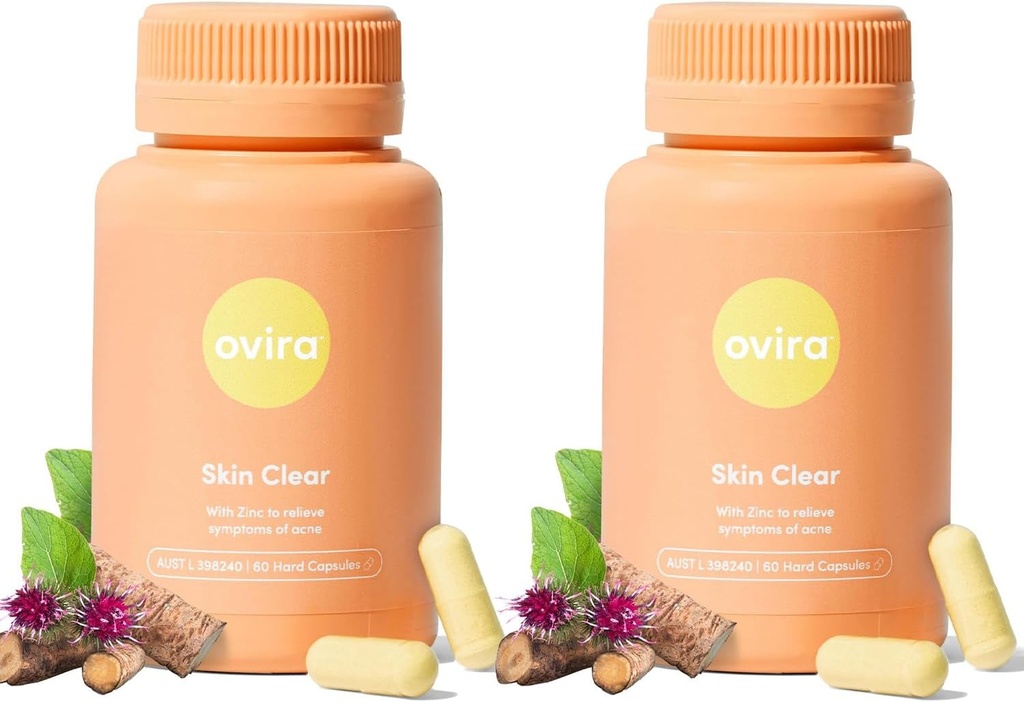 Ovira Skin Clear with ZINCBRIGHT - 60 cápsulas para la piel clara y brillante ¦ Rosacea &amp; Hormonal Acne Treatment ¦ Apoyar la producción de colagen ¦ Suplementos de Acné para Mujeres &amp; Hombre - Pack of 2