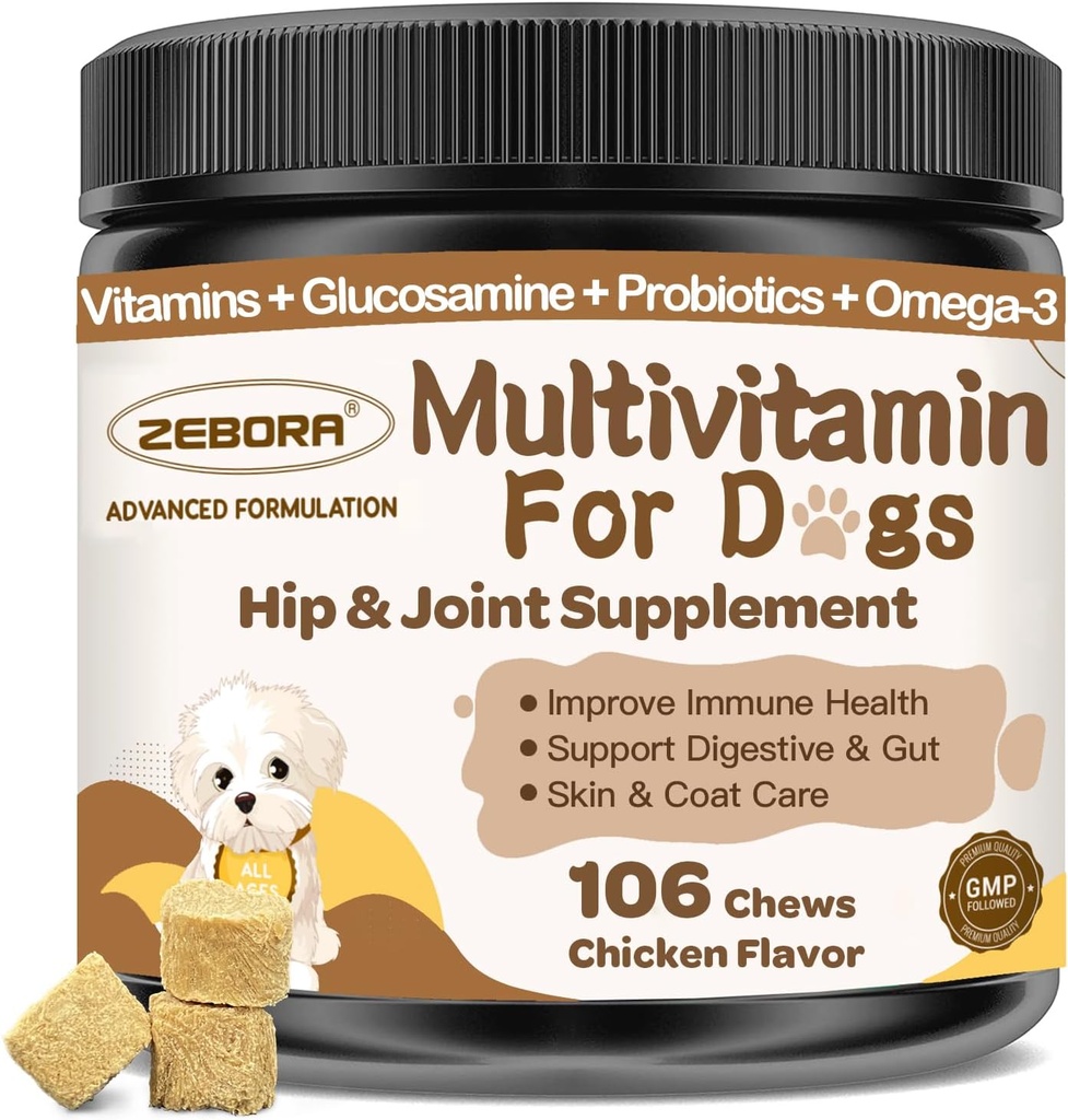 Multivitamina de perros con minerales para la salud general - Vitaminas y Suplementos de perros con Glucosamina, Probióticos para perros cachorros con minerales - Omega 3 Aceite de pescado para la piel - 106 Chews