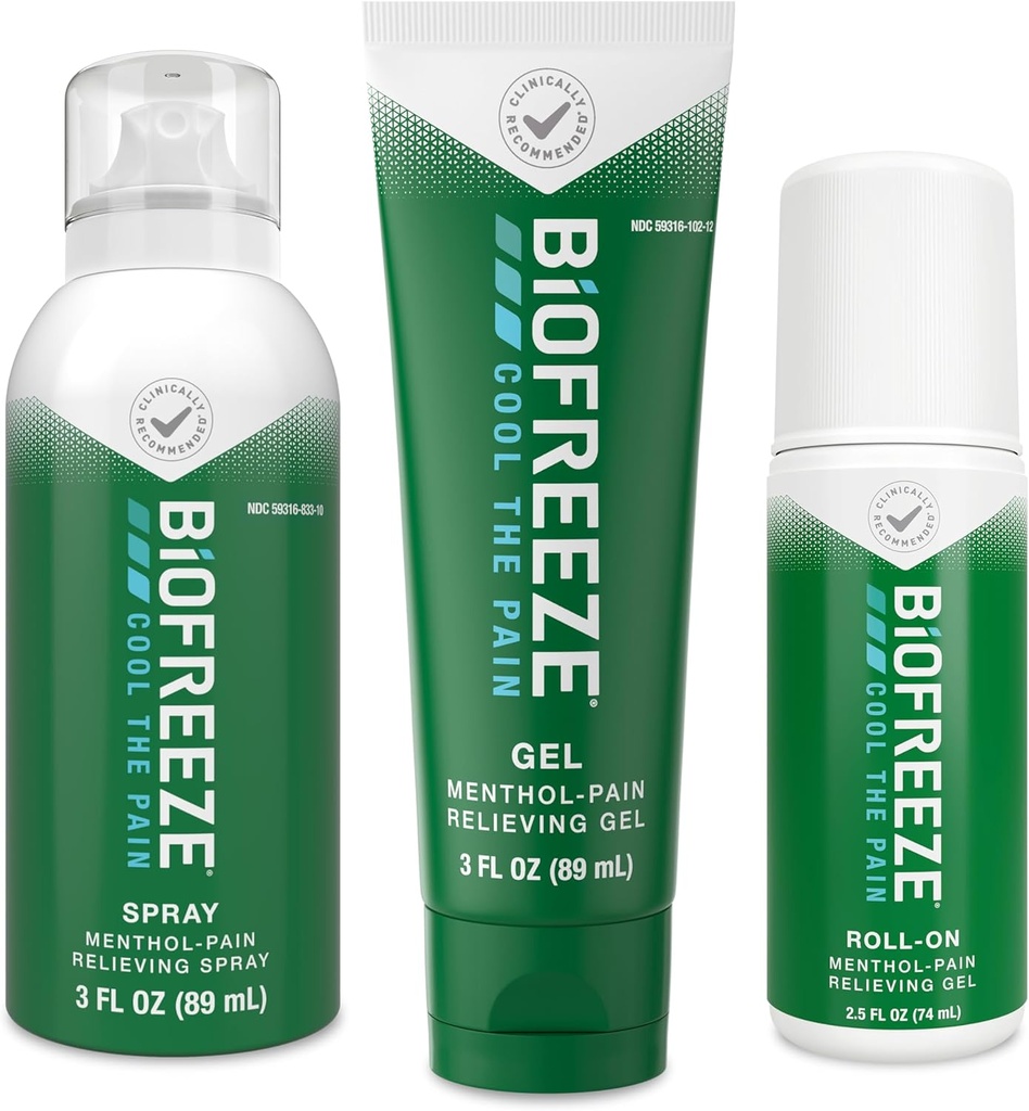 Biofreeze Pain Relief Roll-On 2.5 FL OZ, Gel 3 FL OZ, y Spray 3 FL OZ Variety Pack Topical Pain Reliever For Muscles and Joints from Arthritis, Backache, Strains, Bruises, Sprains (Package May Vary)