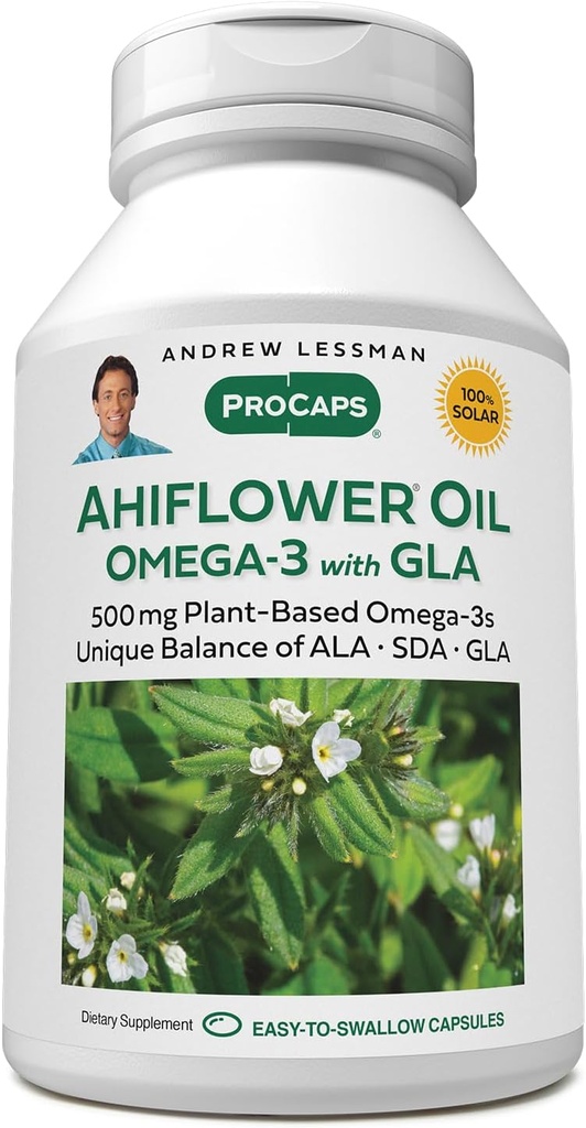ANDREW LESSMAN Ahiflower Omega-3 con GLA - 240 Softgels - Fuente de ácidos grasos Omega-3 de base vegetal única equilibrada. No estrangulamiento, contaminantes o mercurio. Fácil de Tragar