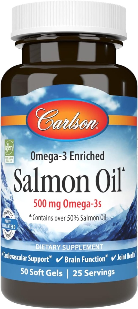 Carlson Salmon Oil, 500mg Omega-3s, Wild-Caught Norwegian Fish Oil, Sustentably Sourced, 50 Softgels