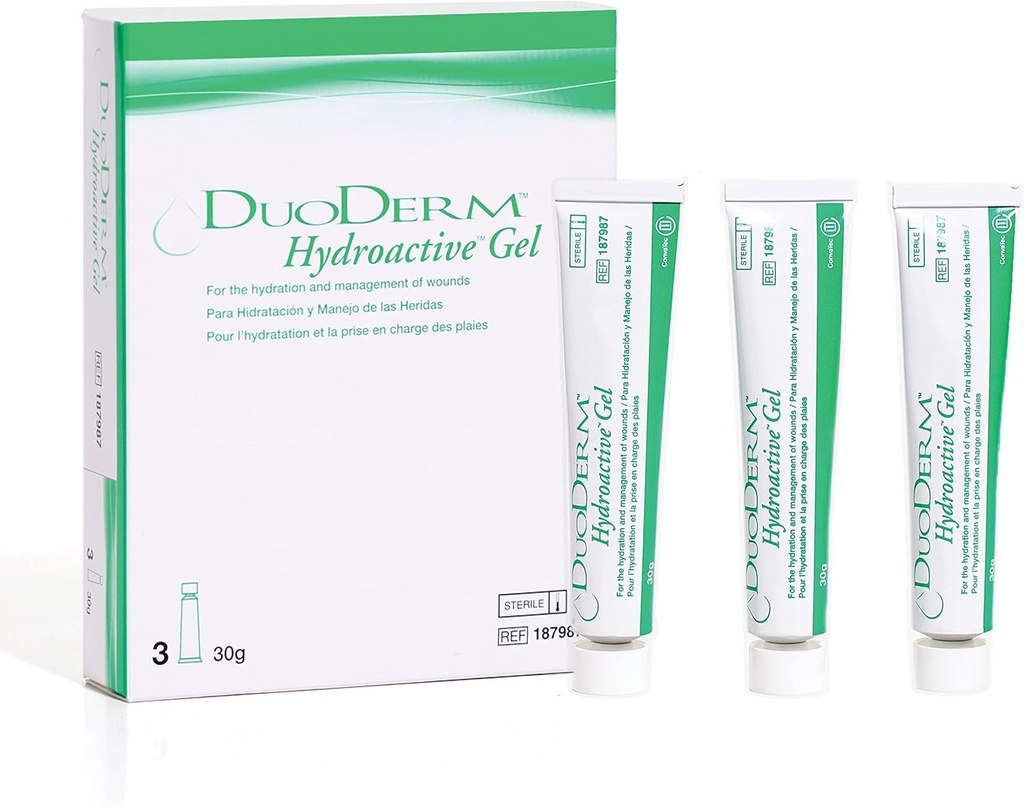 ConvaTec DuoDERM Hidroactive Sterile Gel, 30 Grams Tube para la gestión de libras parciales y de peso completo, Aids Autolytic Debridement, 187987, Box of 3 Tubes