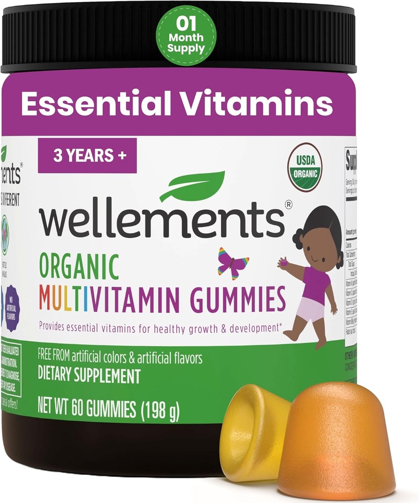 Wellements USDA Organic Kids Multivitamin Gummies 60 Ct (3+ Años) ← Essential Kids Vitamins A, B, C, D, E " Zinc ANTE Soporta un crecimiento saludable " Development* , No Gluten " No Artificial Colors