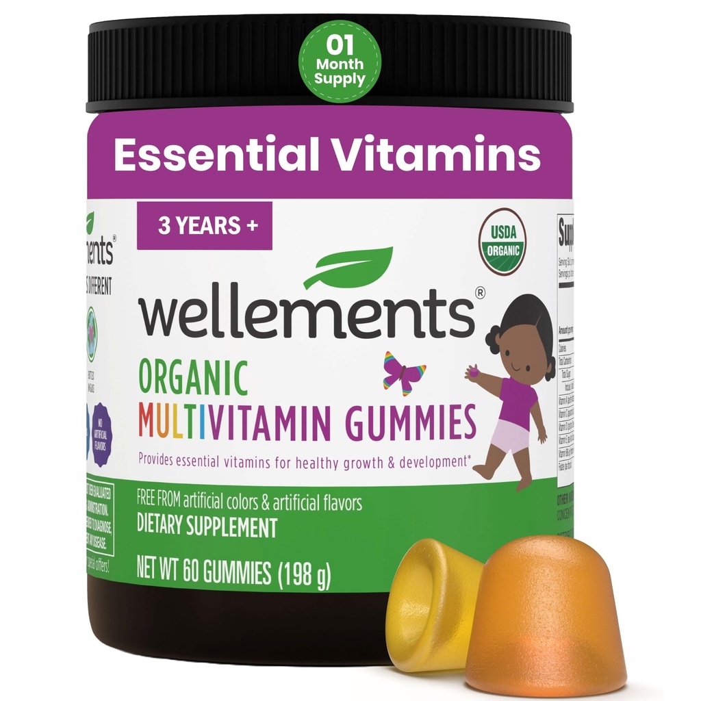 Wellements USDA Organic Kids Multivitamin Gummies 60 Ct (3+ Años) ← Essential Kids Vitamins A, B, C, D, E " Zinc ANTE Soporta un crecimiento saludable " Development* , No Gluten " No Artificial Colors