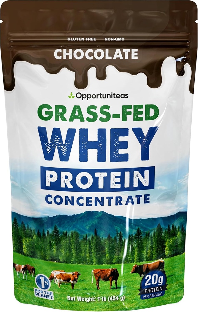 Oportuniteas Grass Fed Whey Protein Powder Concentrate - Chocolate - Suplemento Puro de Proteína - No GMO, Hormona Gratis - 1lb