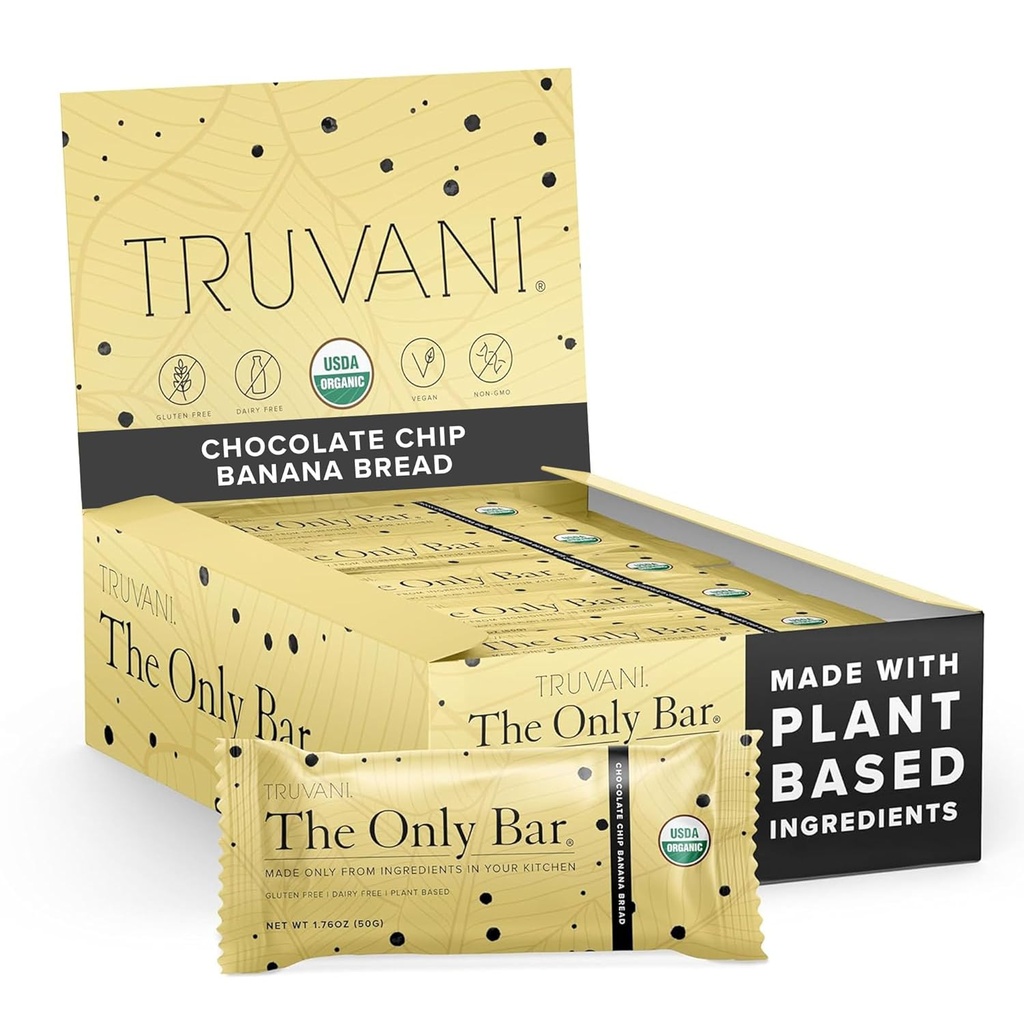 Truvani Plant Based Snack Bars | Chocolate Chip Banana Bread 12 Pack | 5g Protein | USDA Organic and Vegan | The Only Bar | Dairy, Soy, and Gluten Free | Individually Wrapped