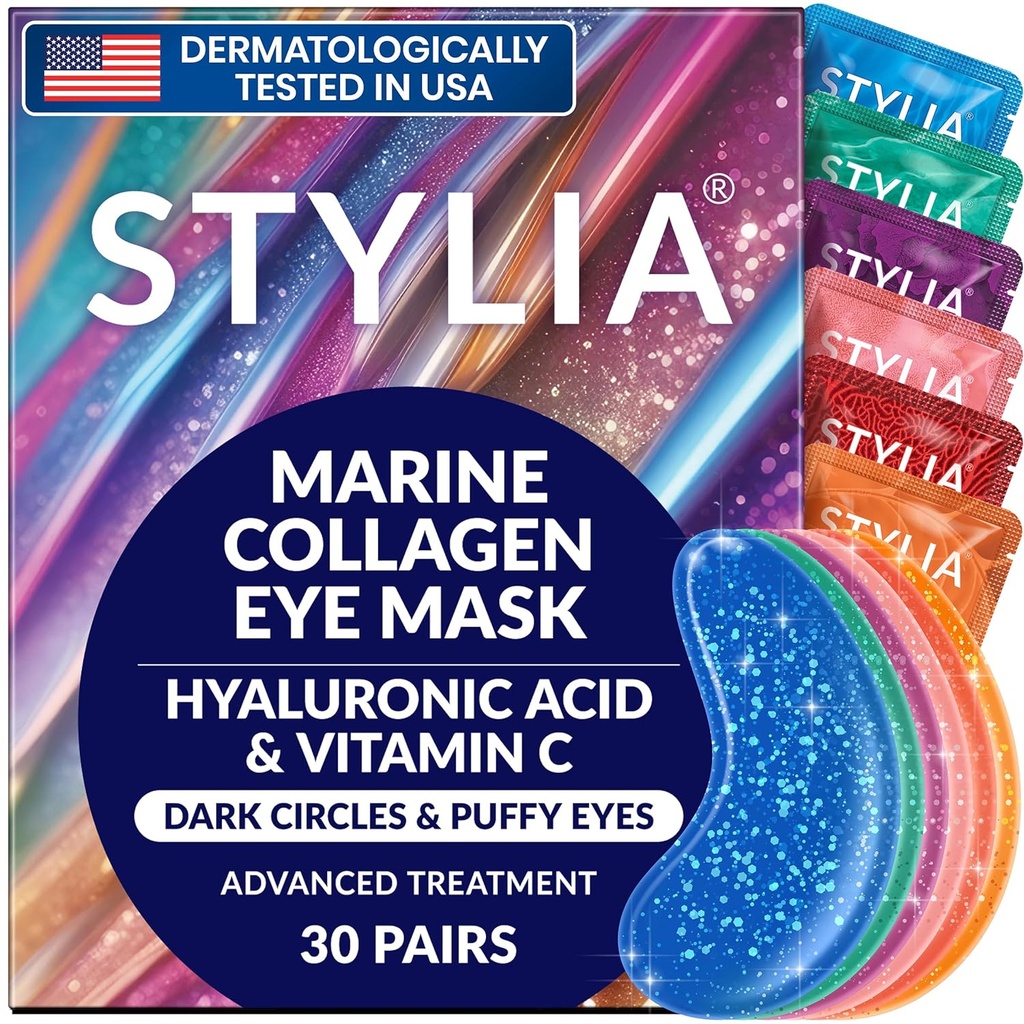Stylia Collagen " Vitamin C Under Eye Patches for Puffy Eyes " Dark Circles - Depuffing, Hydrating " Firming Under Eye Mask with Hyaluronic Acid - Vegan, Cruelty-Free Skincare (30 Pares)