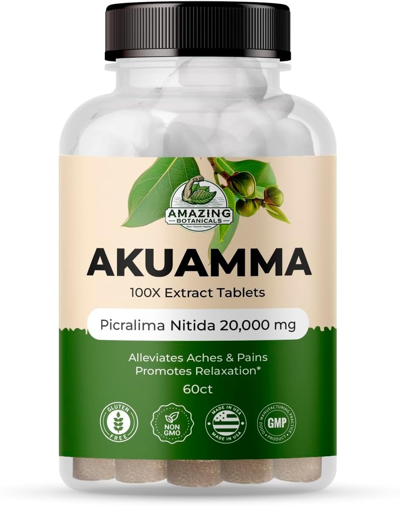 Increíbles Botánicos Akuamma Extract Tablets – 200 mg 100X Extracto 20,000mg TENIDO Focus and Clarity – Boosts Mood, Reslieves Stress, Promueve la calma (60 Cuenta)