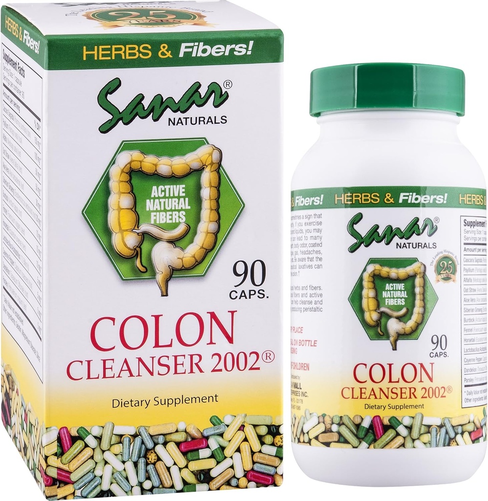Sanar Naturals Colon Cleanser 2002 - Fiber Supplement, Weight Management Detox and Gut Health for Women and Men - GLP-1 Support - Psyllium Husk Powder, Cascara Sagrada, 90 Capsules
