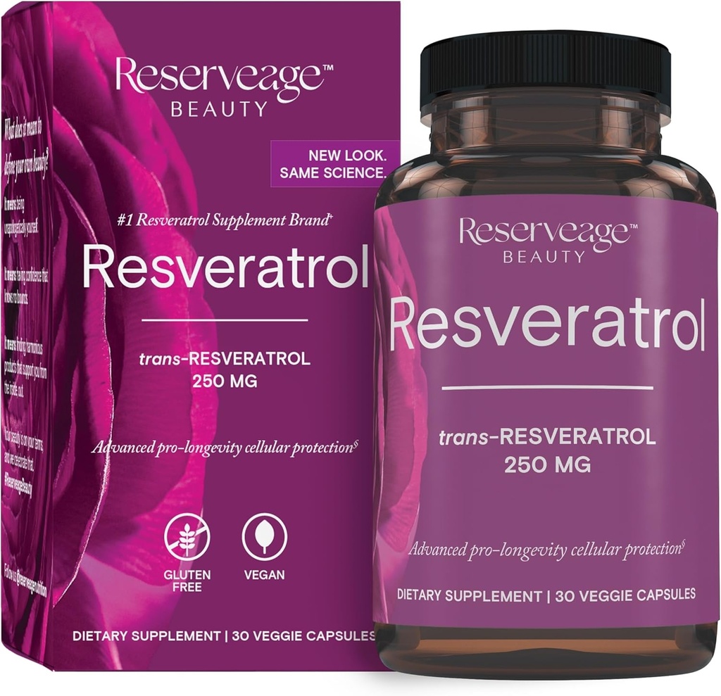 Belleza de reserva, Resveratrol 250 mg, Suplemento antioxidante para la salud cardiaca y celular, soporta el envejecimiento saludable y el sistema inmunológico, Paleo, Keto, 30 cápsulas