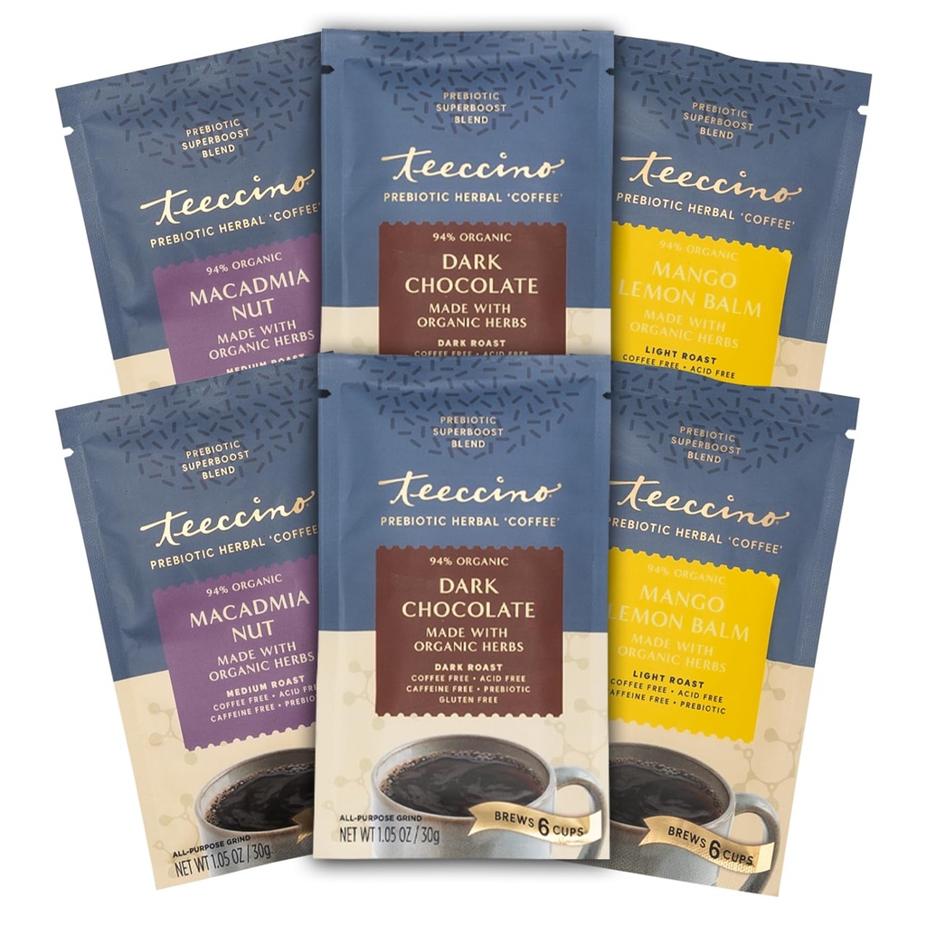 Teeccino Prebiótico SuperBoostTM Herbal Coffee Sampler - 6 Packets de prueba - Chocolate oscuro, Mango Lemon Balm, Macadamia Nut - Prebiótico, Caffeine-Free, Alternativas de café terrestre para buena salud Gut