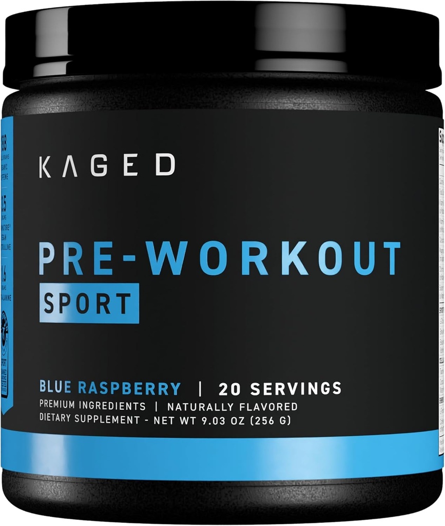 Kaged Sport Pre Workout Powder for Men &amp; Women, Blue Razz, Sport Certified, 188mg Caffeine, Nitric Oxide Supplement, Beta Alanine for Energy, Weightlifting, Cardio Endurance &amp; Strength, 20 Servings
