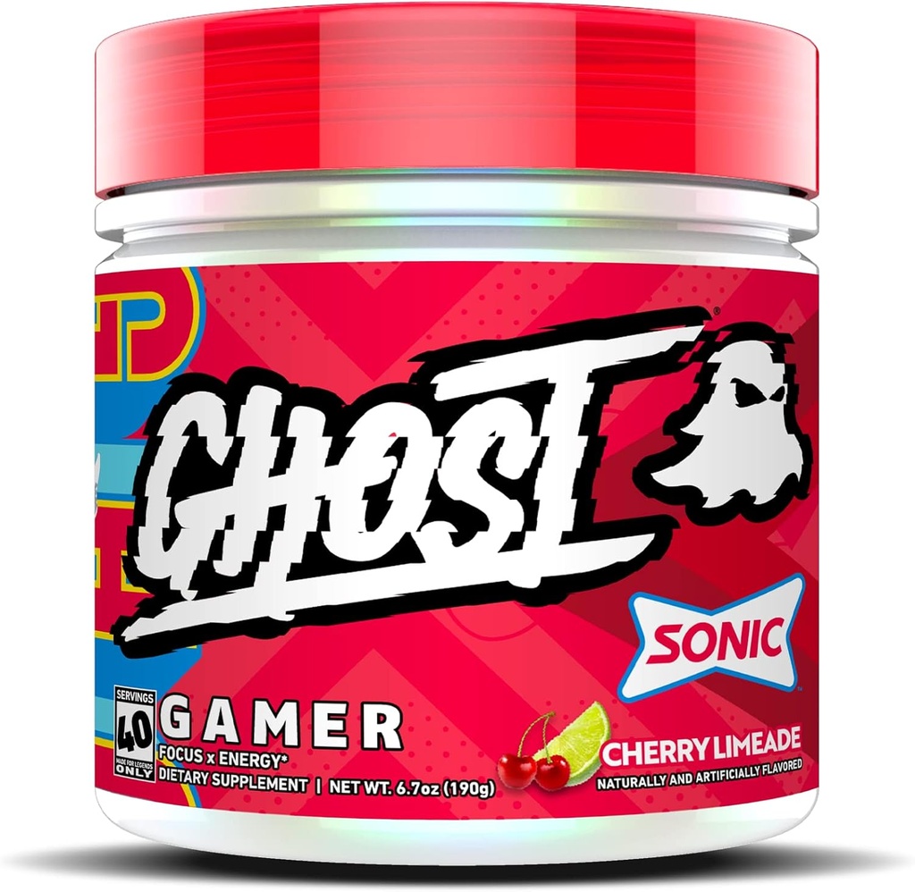 GHOST Gamer: Energy and Focus Support Fórmula - 40 Servings, Sonic Cherry Limeade - Nootropics & Natural Caffeine for Atención, Precisión " Tiempo de reacción - Vegan, Gluten-Free