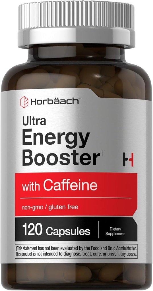 Horbäach Energy Supplement  120 Capsules Silencio con Caffeine, Ginseng &amp; Vitamin B12 Silencio Daily Energy Booster Pills ← Non-GMO, Gluten Free