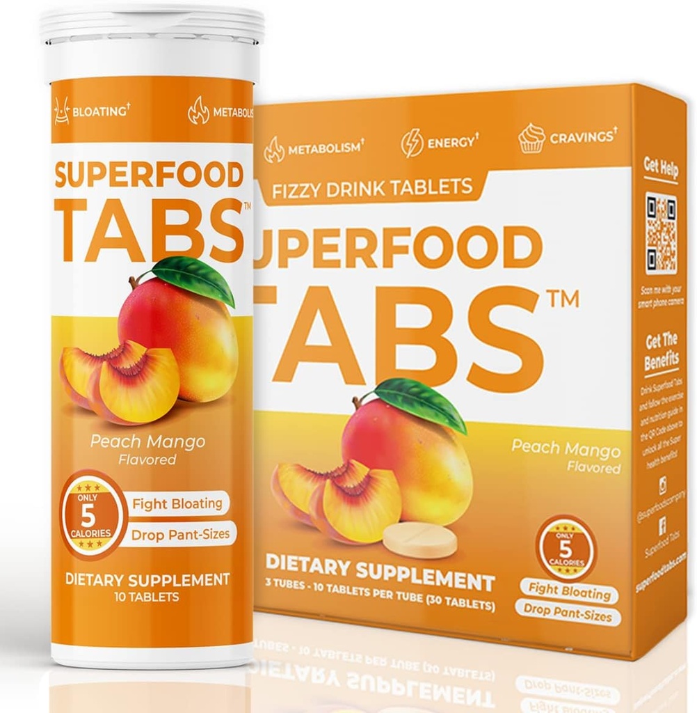Superfood Tabs skinnytabs Anti-Bloat Cleanse Drink with 15 Superfoods ← Ayuda Digestión, Energía &amp; Ahorros ← Vegan, Non-GMO ← 30 Tabs Effervescent – Peach Mango Flavor
