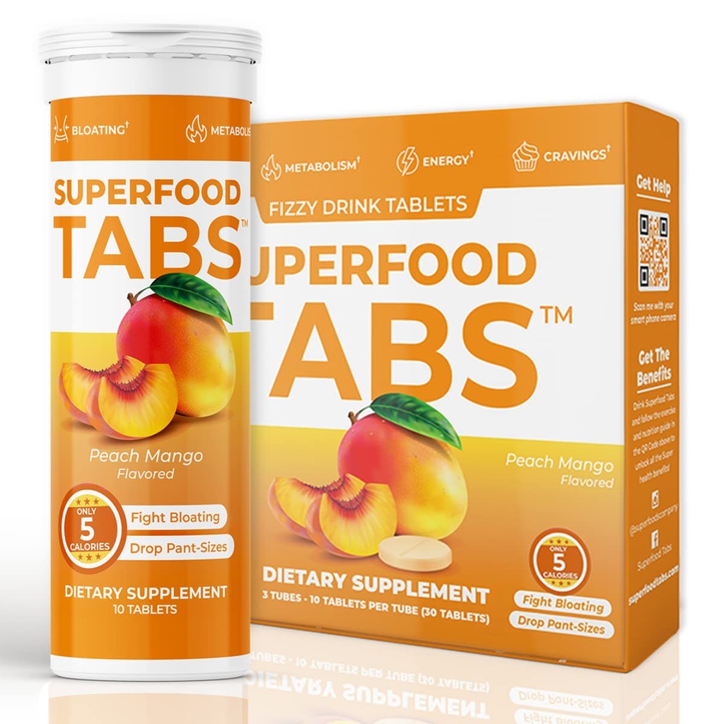 Superfood Tabs skinnytabs Anti-Bloat Cleanse Drink with 15 Superfoods ← Ayuda Digestión, Energía &amp; Ahorros ← Vegan, Non-GMO ← 30 Tabs Effervescent – Peach Mango Flavor