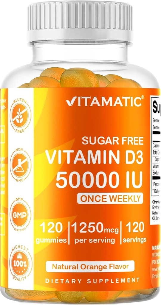 Vitamatic Sugar Free Vitamina D3 50.000 UI Suplemento semanal - 120 Pectinas Basadas en Gummies - Vitamina D Capsules para Huesos, Dientes y Soporte Inmunitario (50000 UI)
