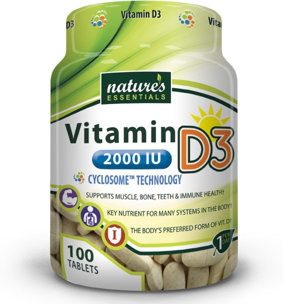 NATURE'S ESSENTIALS Vitamina D3 2000IU TENIDO Immune Support TEN Advanced Cyclosome Liposomal Delivery ← Non-GMO, Gluten Free, Vegetarian TEN 100 Tablets