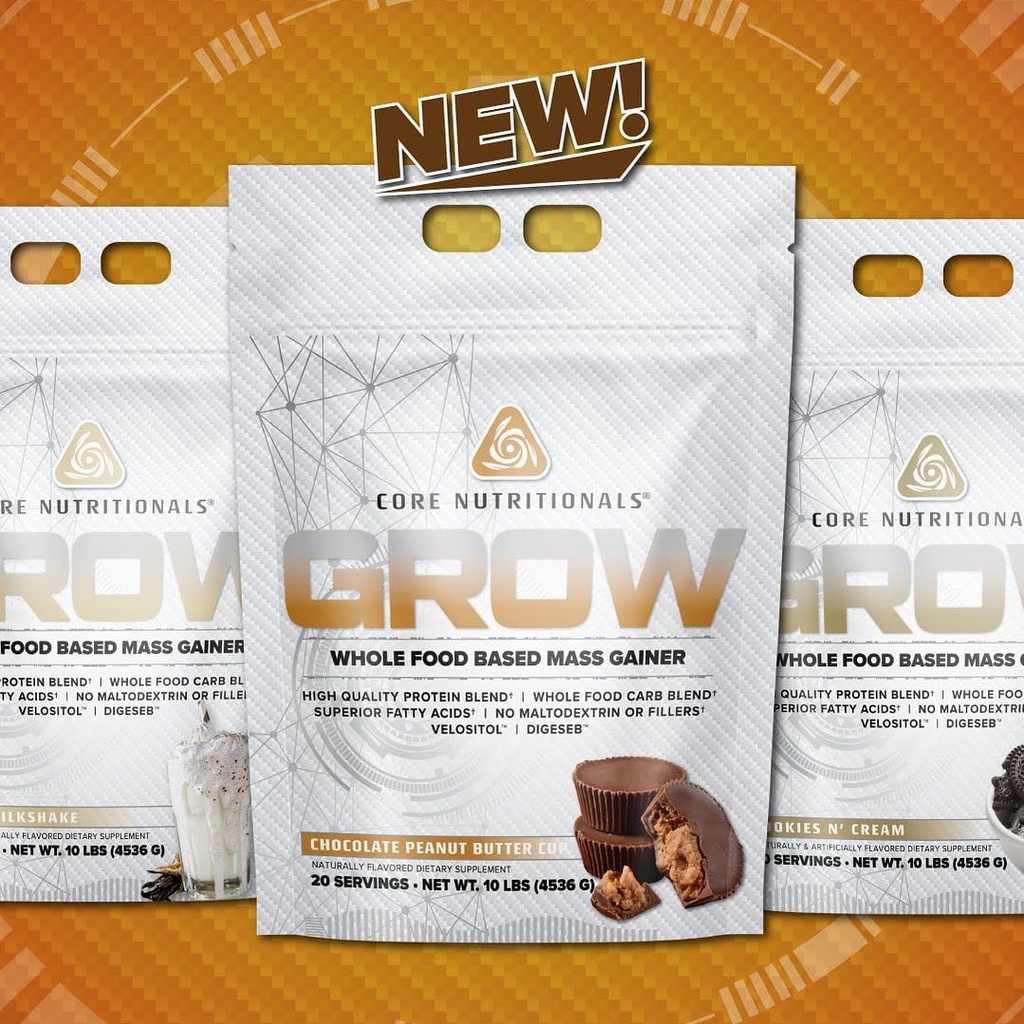 Core Nutritionals Grow Mass Gainer ← Whole Food Carb Blend + Protein Blend ← Maltodextrin Free ← 880 Calories, 50g Protein ← 10 libras (Vanilla Milkshake)